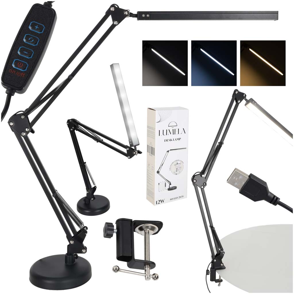 LED namizna svetilka USB z vrtljivo roko in 2 načinoma pritrditve