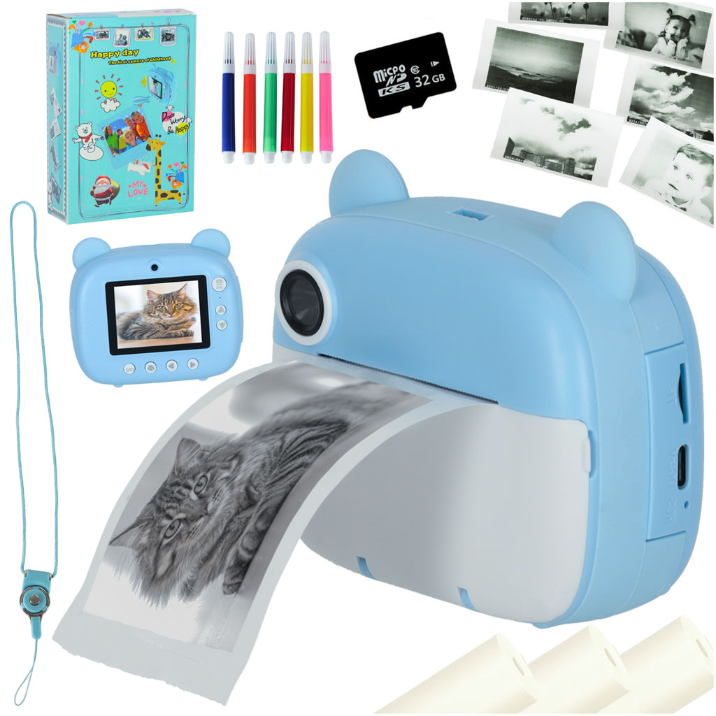 Otroški instant fotoaparat – moder medvedek z 32GB kartico in dodatki