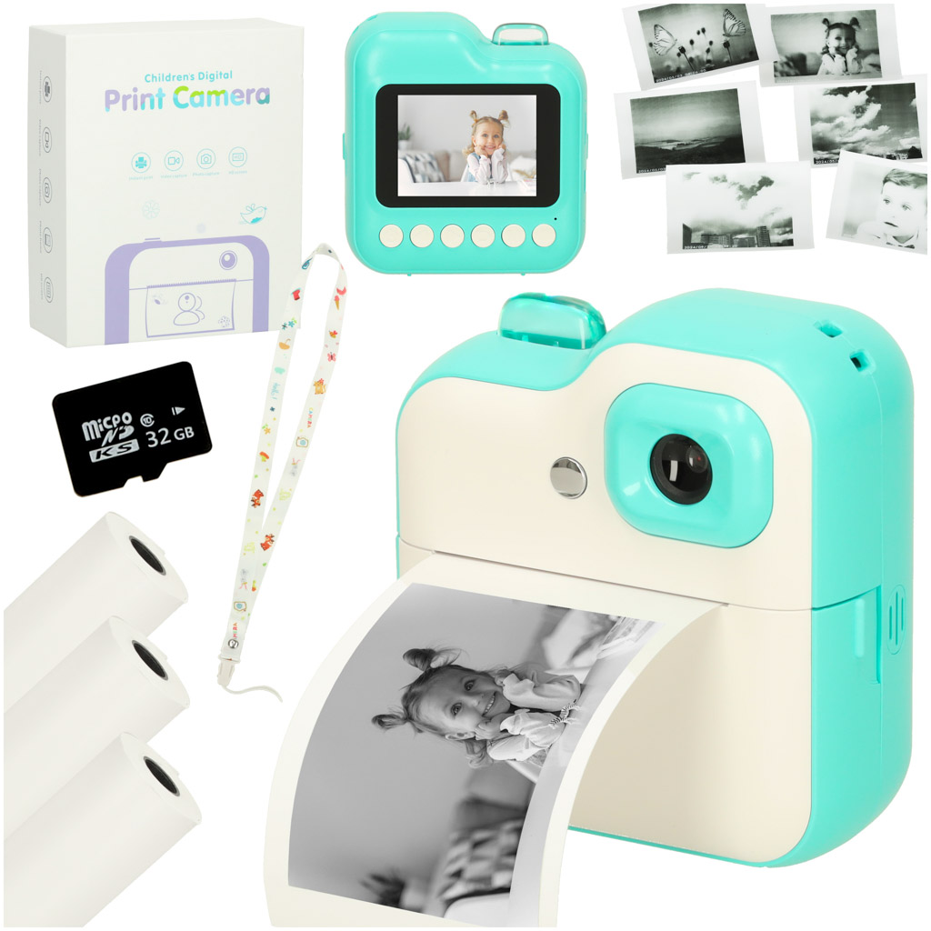 Instant fotoaparat s termičnim tiskalnikom + papir in 32GB SD kartica (zelen)