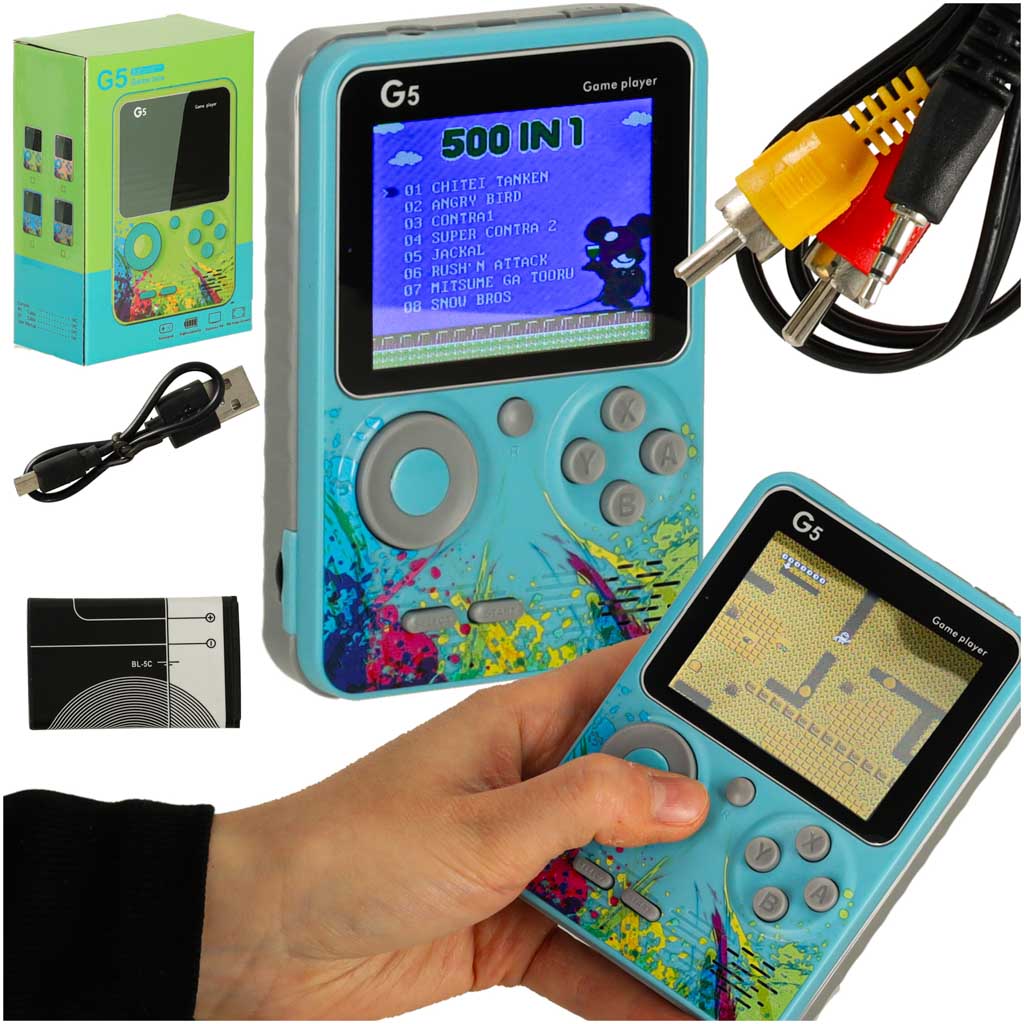 Retro mini prenosna igralna konzola – 500 iger (modra)