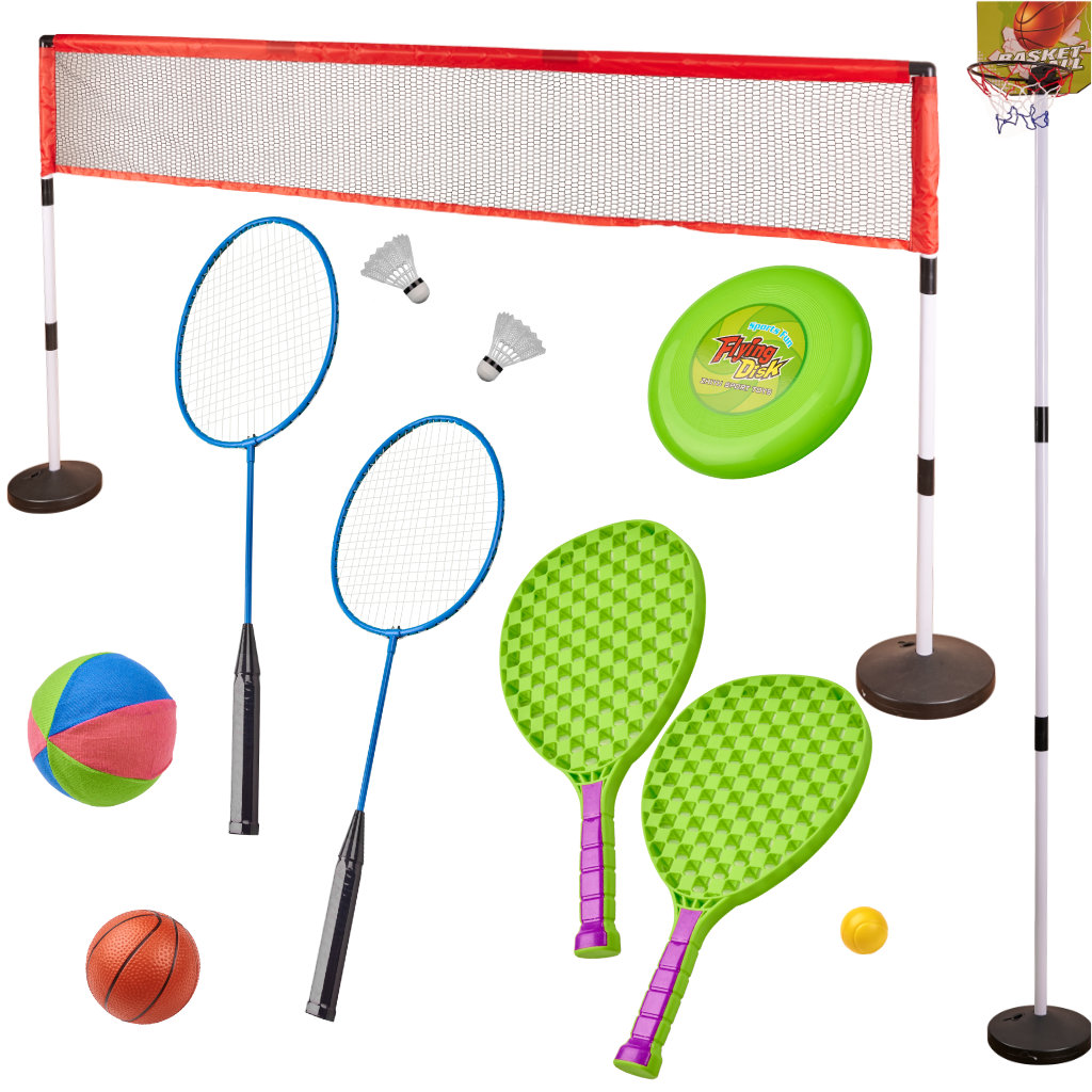 Otroški športni komplet 5v1 badminton košarka odbojka tenis frizbi